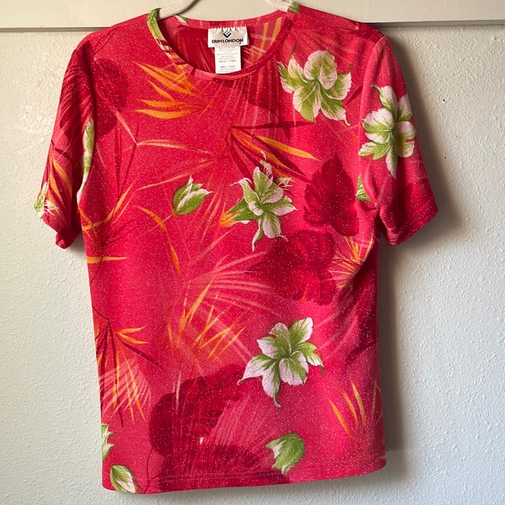 Vintage Erin London short sleeve floral sheer top with silver stitching detail